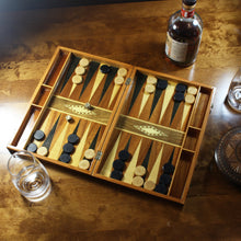 Load image into Gallery viewer, Stylish wooden backgammon set on a wooden surface with an Amphitrite tumbler pictured with rum.