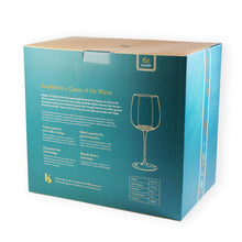 Load image into Gallery viewer, Packaging box for Katie Jayne Amphitrite Set of 6 500ml Mouth-Blown wine glasses with wave-effect design.
