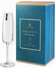 Load image into Gallery viewer, Katie Jayne Amphitrite Champagne flute next to its blue packaging box on a white background.
