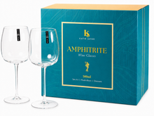 Load image into Gallery viewer, 2 mouth-blown Katie Jayne 500ml Amphitrite wine glasses, pictured with a blue &amp; gold gift box, sold as a set of 6 glasses.
