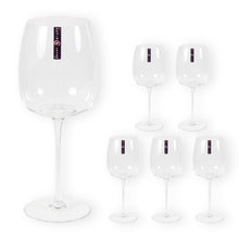 Load image into Gallery viewer, Set of 6 mouth-blown Amphitrite large wine glasses with unique wave-effect design by Katie Jayne.
