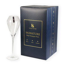 Load image into Gallery viewer, Katie Jayne Signature champagne flute, pictured with gift-box packaging.
