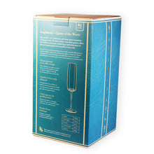 Load image into Gallery viewer, Set of 4 Amphitrite champagne flutes box featuring wave-effect design details and product specifications.
